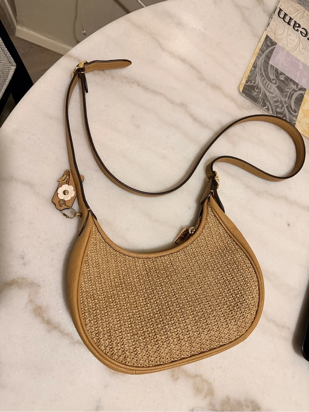 Coach Woven Crescent Hobo in Tan and Cream
